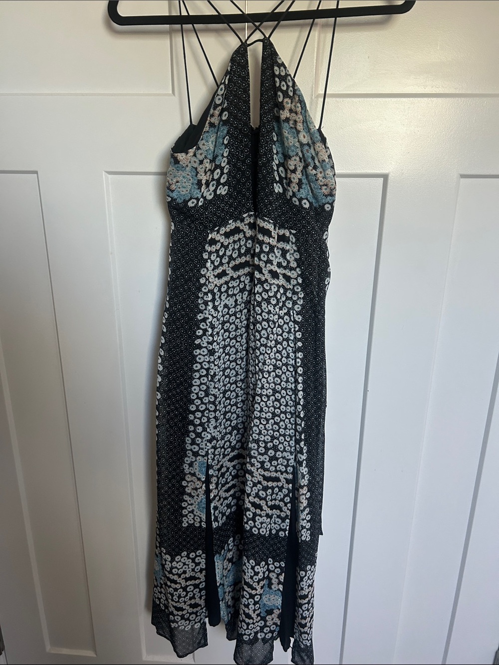 Reiss Black Floral Halter Maxi Dress with Blue Accents